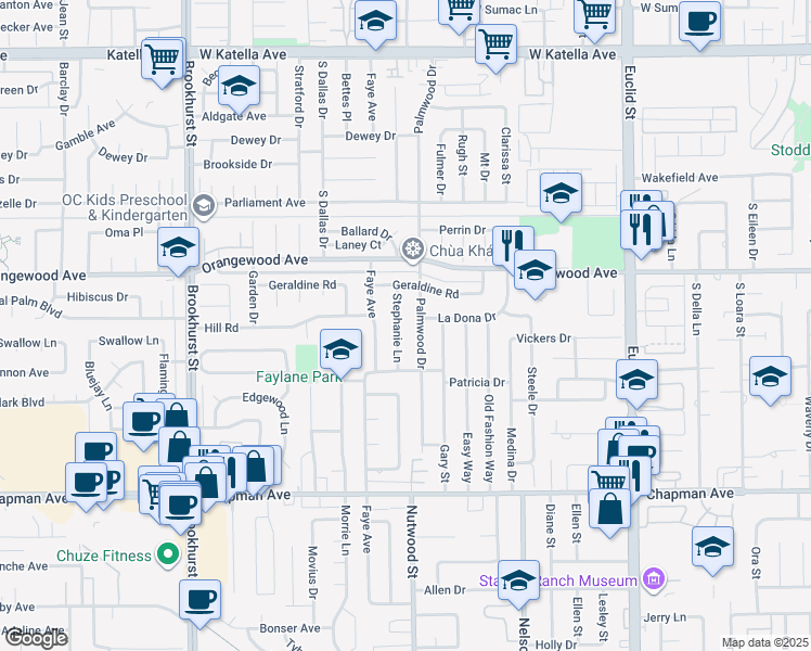 map of restaurants, bars, coffee shops, grocery stores, and more near 11642 Palmwood Drive in Garden Grove