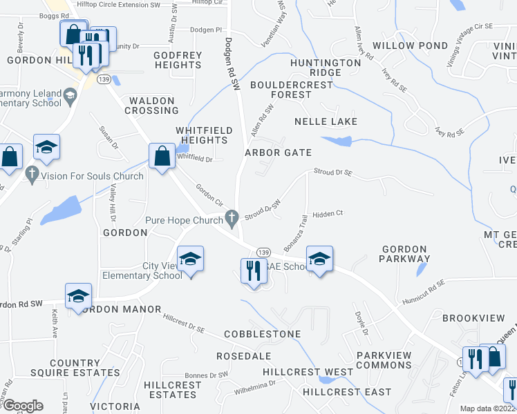 map of restaurants, bars, coffee shops, grocery stores, and more near 41 Stroud Drive Southwest in Mableton