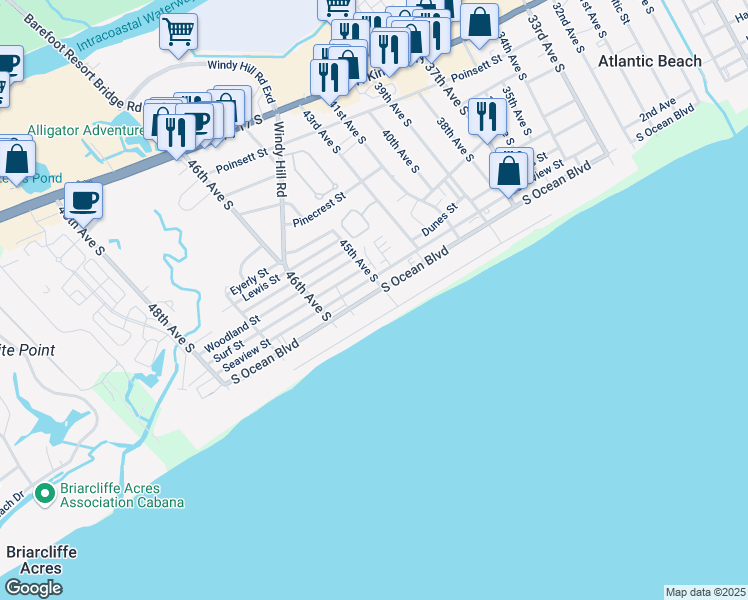 map of restaurants, bars, coffee shops, grocery stores, and more near 4505 South Ocean Boulevard in North Myrtle Beach