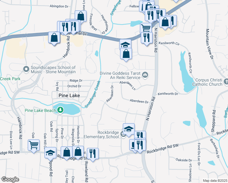 map of restaurants, bars, coffee shops, grocery stores, and more near 575 Aberdeen Drive in Stone Mountain