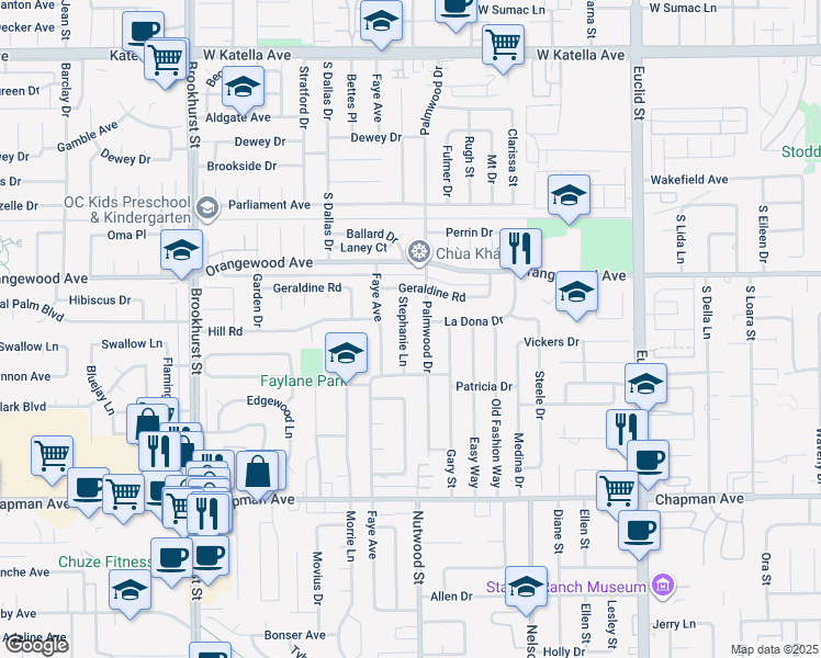 map of restaurants, bars, coffee shops, grocery stores, and more near 11612 Stephanie Lane in Garden Grove