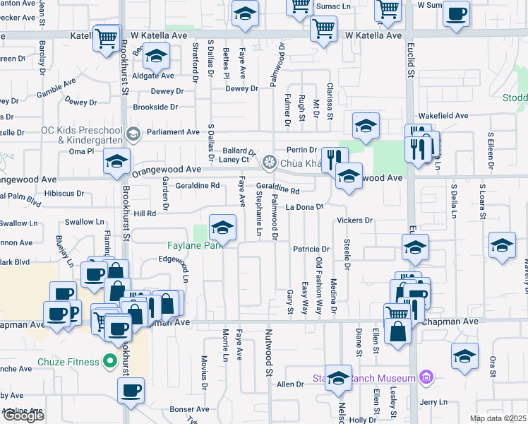 map of restaurants, bars, coffee shops, grocery stores, and more near 11612 Stephanie Lane in Garden Grove