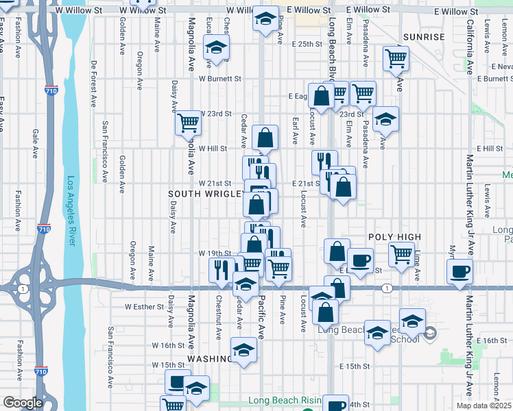 map of restaurants, bars, coffee shops, grocery stores, and more near 2035 Pacific Avenue in Long Beach