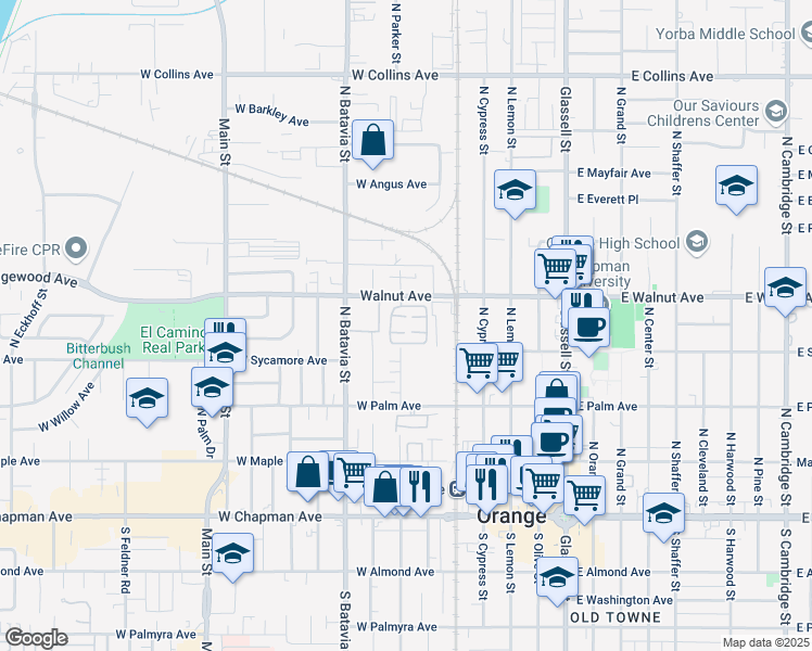 map of restaurants, bars, coffee shops, grocery stores, and more near 700 West Walnut Avenue in Orange