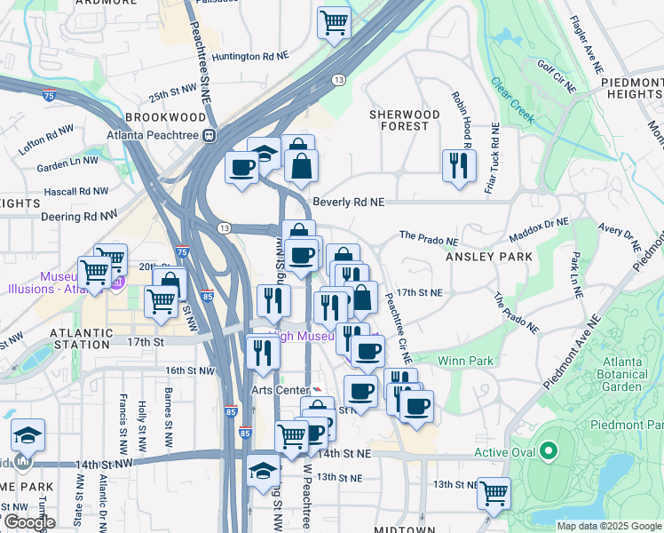 map of restaurants, bars, coffee shops, grocery stores, and more near 1409-1427 Peachtree Street Northeast in Atlanta