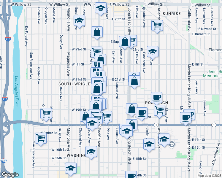 map of restaurants, bars, coffee shops, grocery stores, and more near 1977 Pine Avenue in Long Beach