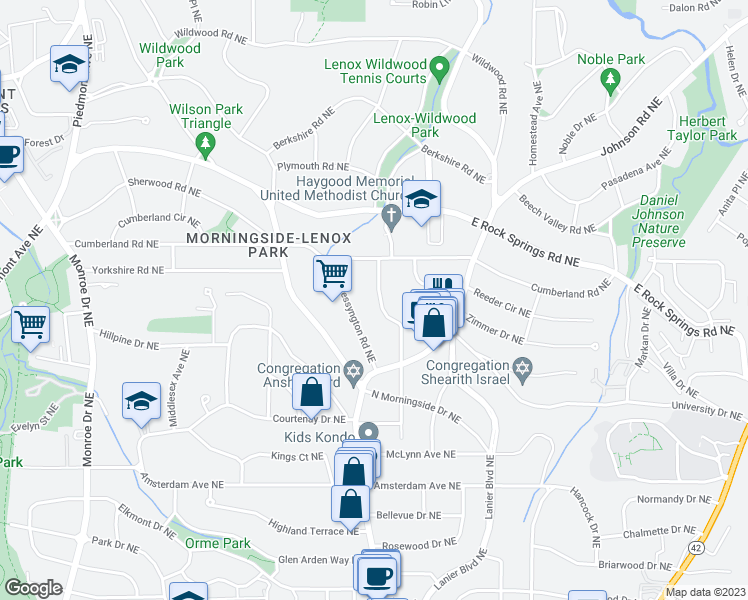 map of restaurants, bars, coffee shops, grocery stores, and more near 1450 Lanier Place Northeast in Atlanta