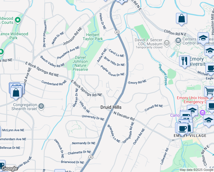 map of restaurants, bars, coffee shops, grocery stores, and more near 1400 Briarcliff Road Northeast in Atlanta