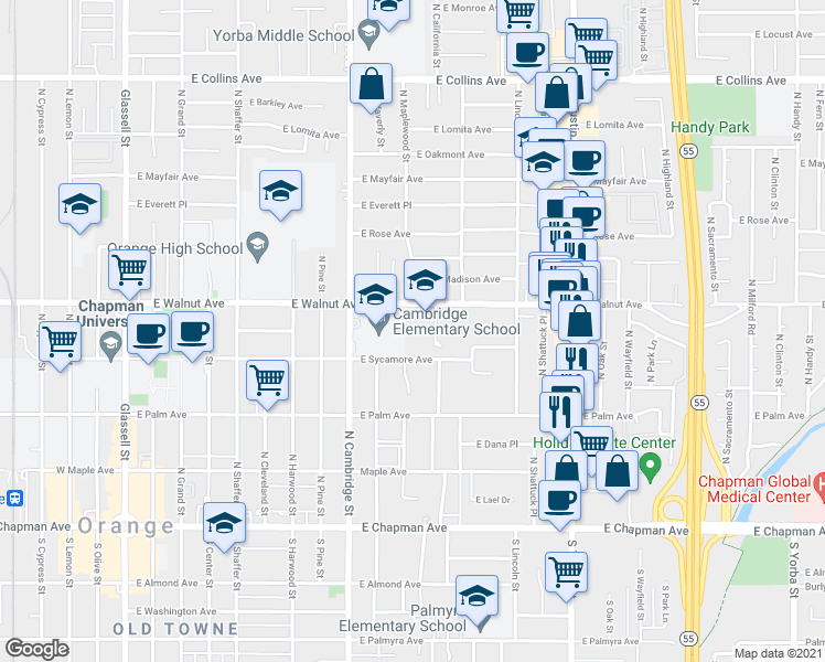 map of restaurants, bars, coffee shops, grocery stores, and more near 1130 East Walnut Avenue in Orange