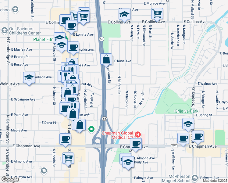 map of restaurants, bars, coffee shops, grocery stores, and more near 419 North Sacramento Street in Orange