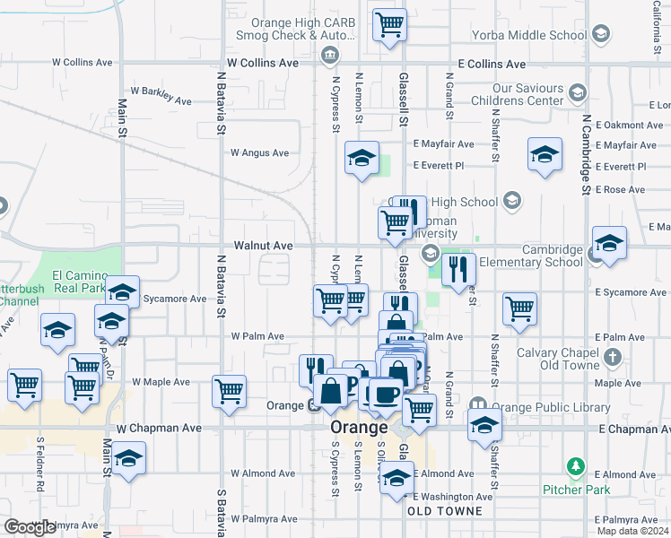 map of restaurants, bars, coffee shops, grocery stores, and more near 412 North Cypress Street in Orange