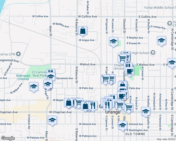 map of restaurants, bars, coffee shops, grocery stores, and more near 1138 Canfield Place in Orange