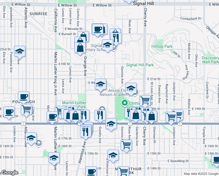 map of restaurants, bars, coffee shops, grocery stores, and more near 1530 East 20th Street in Long Beach