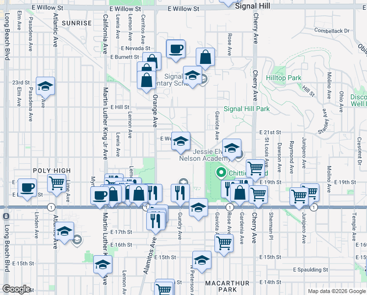 map of restaurants, bars, coffee shops, grocery stores, and more near 1400 East 20th Street in Long Beach