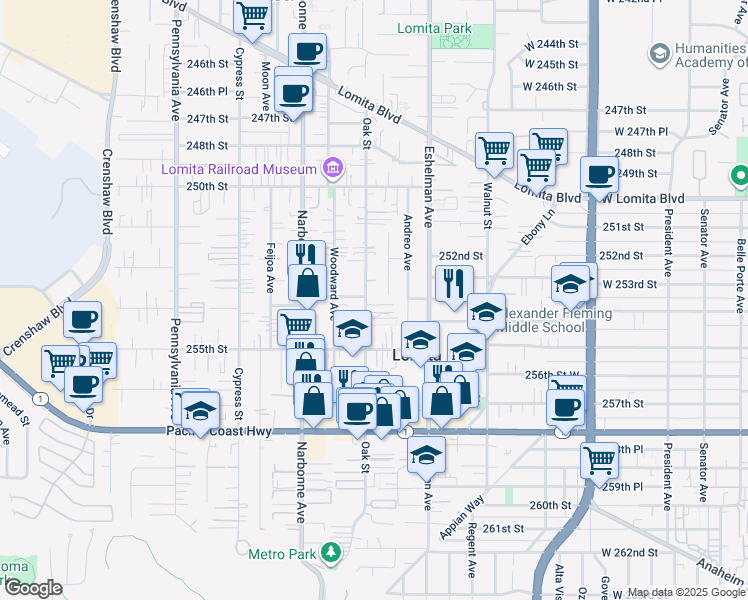 map of restaurants, bars, coffee shops, grocery stores, and more near 25400 Oak Street in Lomita
