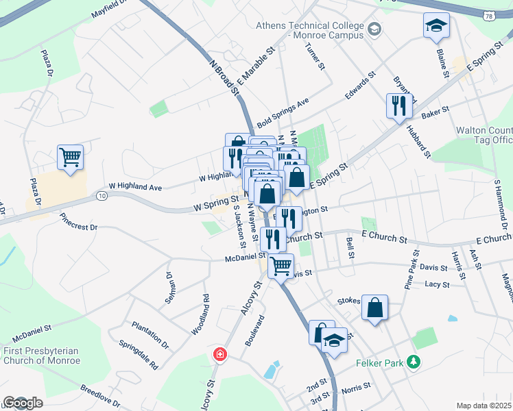 map of restaurants, bars, coffee shops, grocery stores, and more near 116 South Broad Street in Monroe