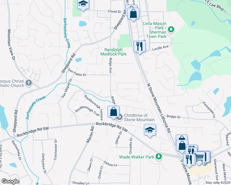 map of restaurants, bars, coffee shops, grocery stores, and more near 5327 Ridge Forest Drive in Stone Mountain