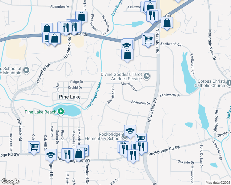 map of restaurants, bars, coffee shops, grocery stores, and more near 575 Aberdeen Drive in Stone Mountain
