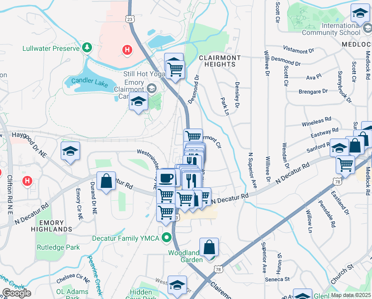 map of restaurants, bars, coffee shops, grocery stores, and more near 613 Brennan Drive in Decatur