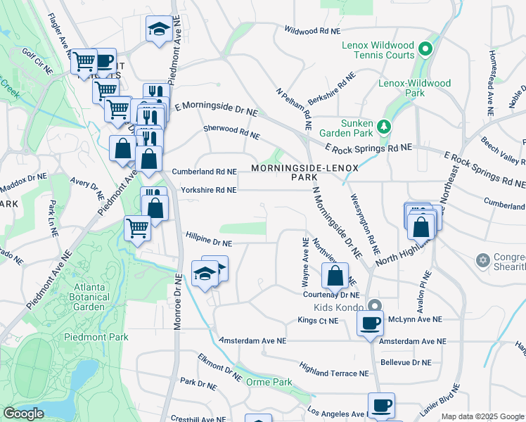 map of restaurants, bars, coffee shops, grocery stores, and more near 1440 Hillpine Lane Northeast in Atlanta