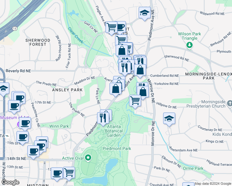 map of restaurants, bars, coffee shops, grocery stores, and more near 244 Westminster Drive Northeast in Atlanta