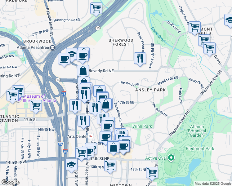 map of restaurants, bars, coffee shops, grocery stores, and more near 149 Peachtree Circle Northeast in Atlanta