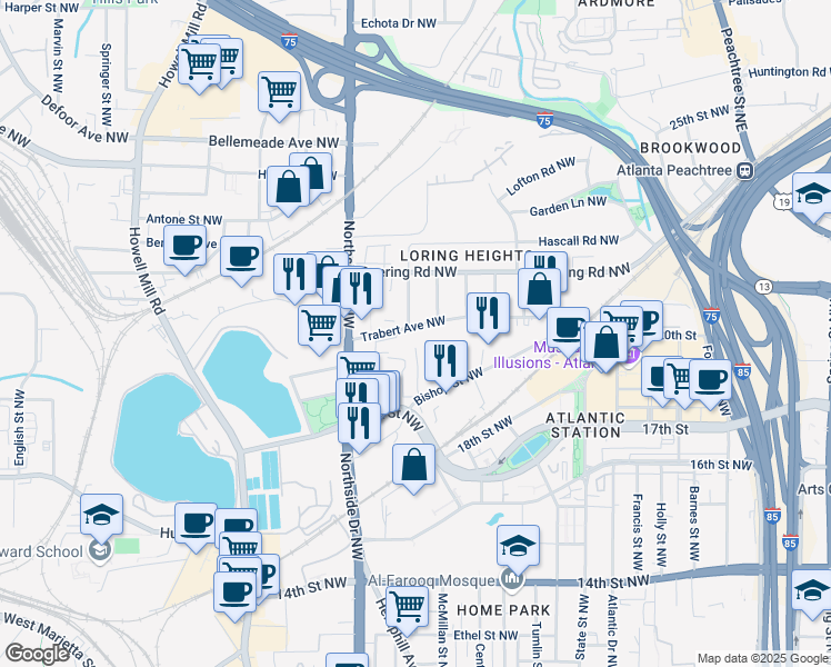map of restaurants, bars, coffee shops, grocery stores, and more near 536 Trabert Avenue Northwest in Atlanta
