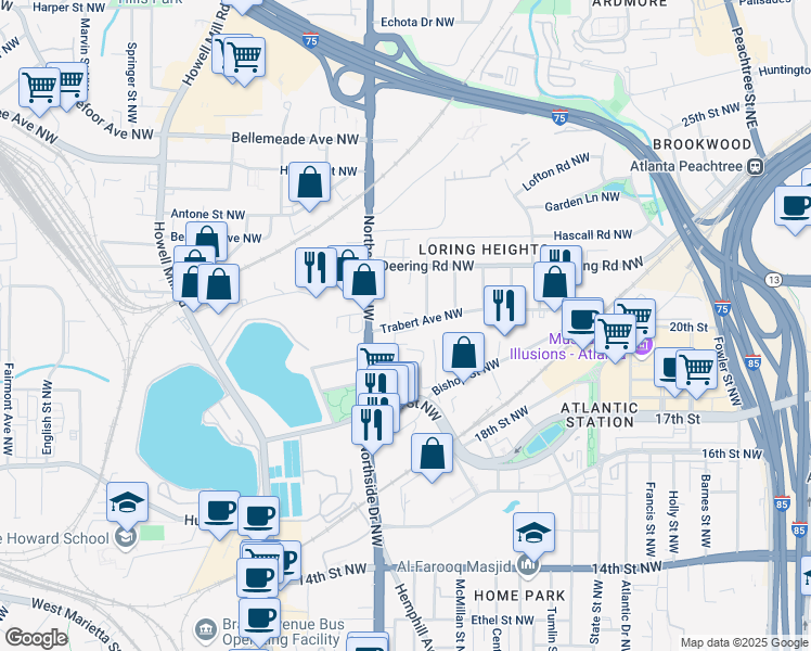 map of restaurants, bars, coffee shops, grocery stores, and more near 568 Trabert Avenue Northwest in Atlanta