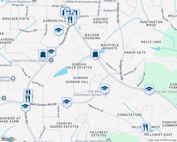 map of restaurants, bars, coffee shops, grocery stores, and more near 6571 Gordon Hills Drive Southwest in Mableton