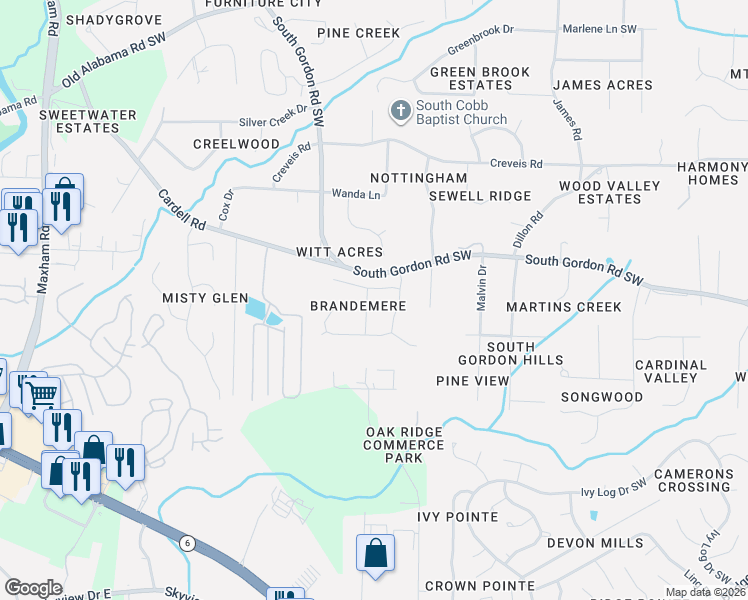 map of restaurants, bars, coffee shops, grocery stores, and more near 6567 Brandemere Way Southwest in Austell