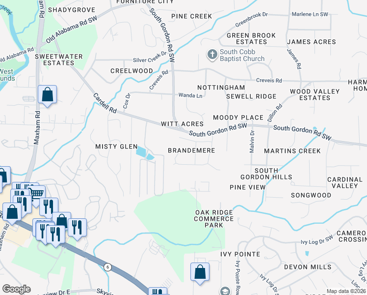map of restaurants, bars, coffee shops, grocery stores, and more near 1841 Brandemere Drive Southwest in Austell