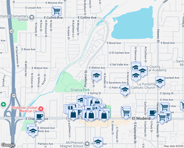 map of restaurants, bars, coffee shops, grocery stores, and more near 3410 East Glastonbury Lane in Orange