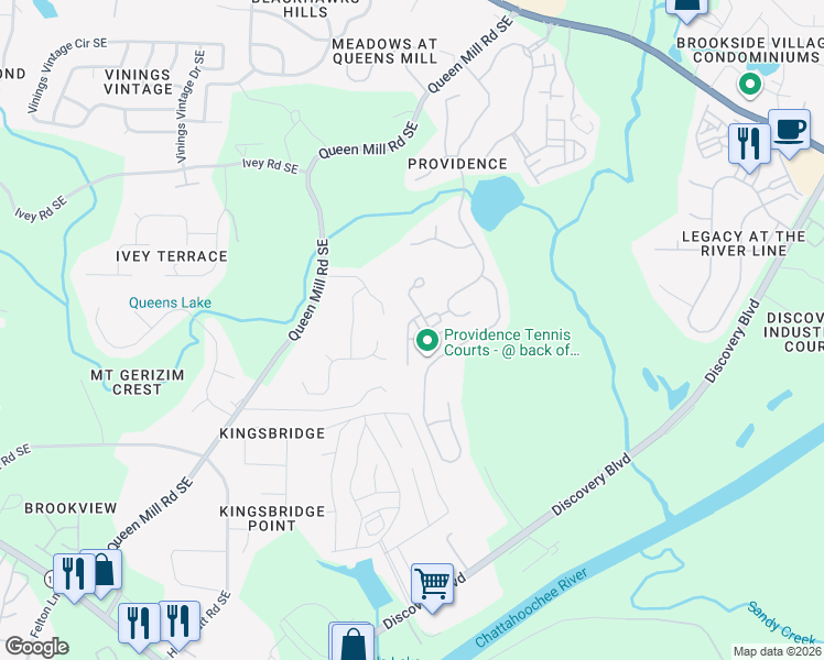 map of restaurants, bars, coffee shops, grocery stores, and more near 736 Wexford Cove Way in Mableton