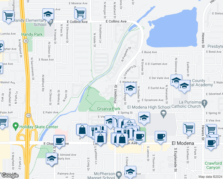 map of restaurants, bars, coffee shops, grocery stores, and more near 425 North Bloomberry in Orange
