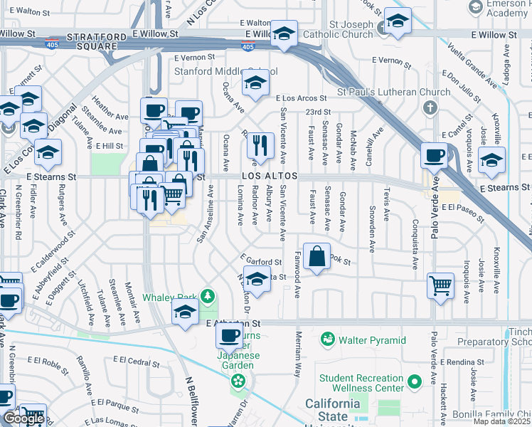 map of restaurants, bars, coffee shops, grocery stores, and more near 2111 Albury Avenue in Long Beach