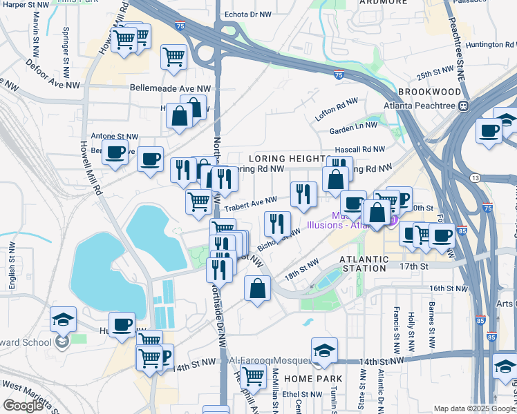 map of restaurants, bars, coffee shops, grocery stores, and more near 536 Trabert Avenue Northwest in Atlanta