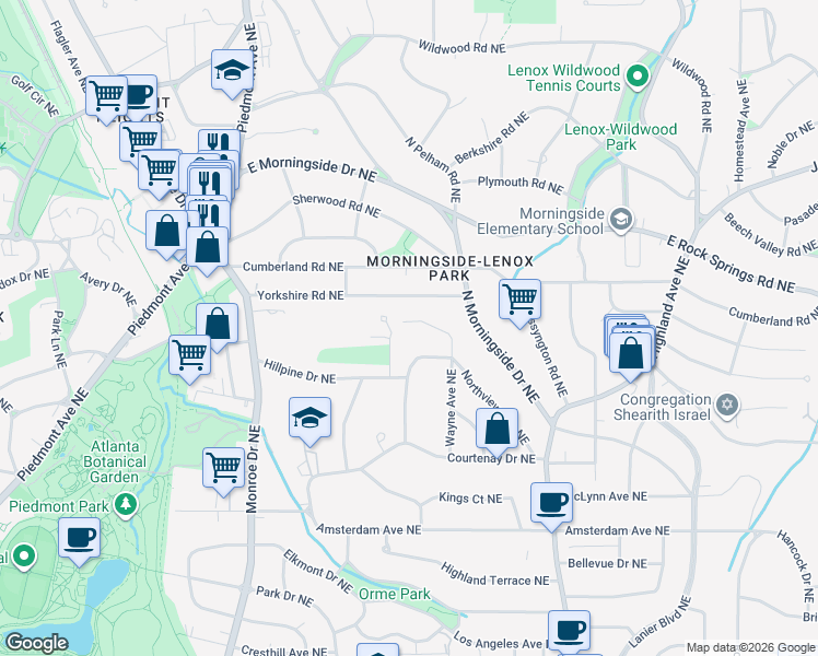 map of restaurants, bars, coffee shops, grocery stores, and more near 1419 Hillpine Lane Northeast in Atlanta