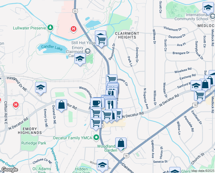 map of restaurants, bars, coffee shops, grocery stores, and more near 613 Brennan Drive in Decatur