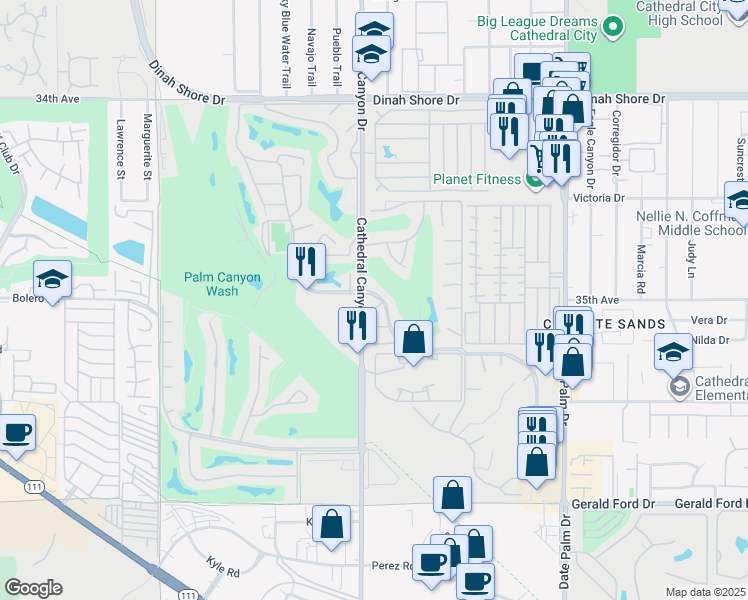 map of restaurants, bars, coffee shops, grocery stores, and more near 68526 Calle Alagon in Cathedral City