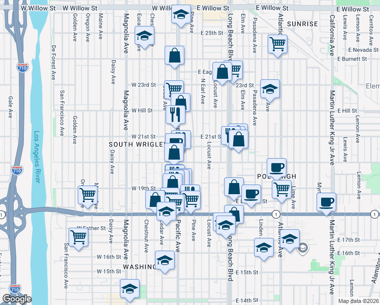 map of restaurants, bars, coffee shops, grocery stores, and more near 2035 Pine Avenue in Long Beach