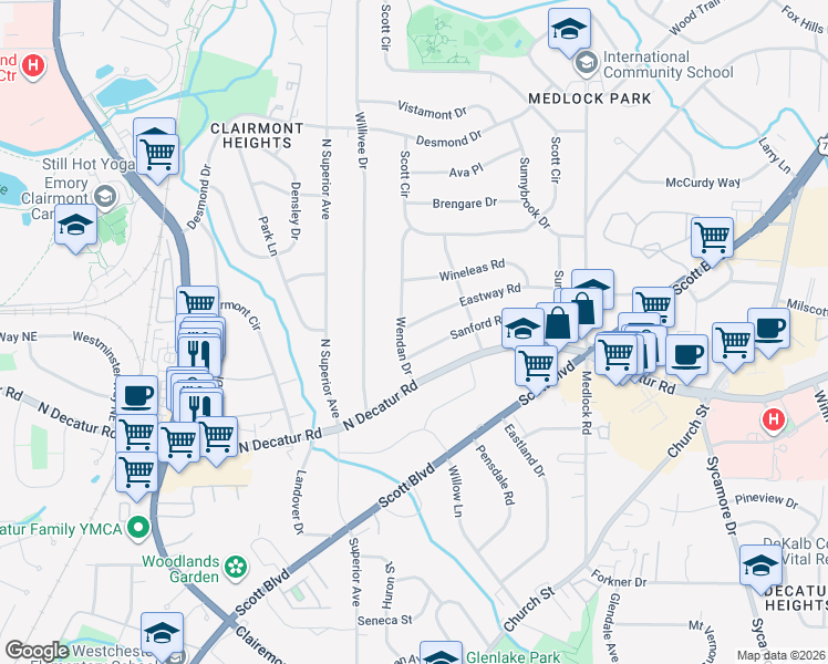 map of restaurants, bars, coffee shops, grocery stores, and more near 2253 Eastway Road in Decatur