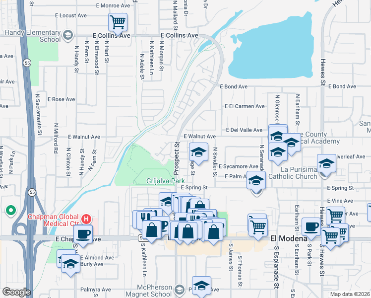 map of restaurants, bars, coffee shops, grocery stores, and more near 448 North Londonderry Lane in Orange