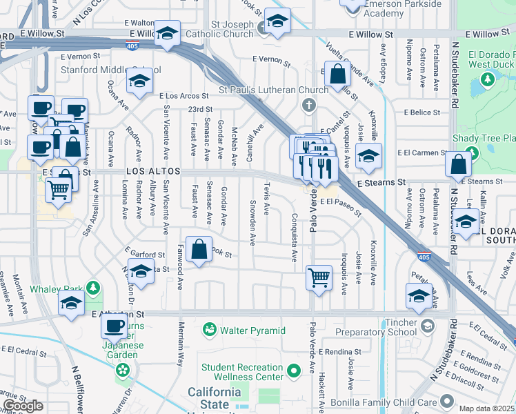 map of restaurants, bars, coffee shops, grocery stores, and more near 2100 Snowden Avenue in Long Beach