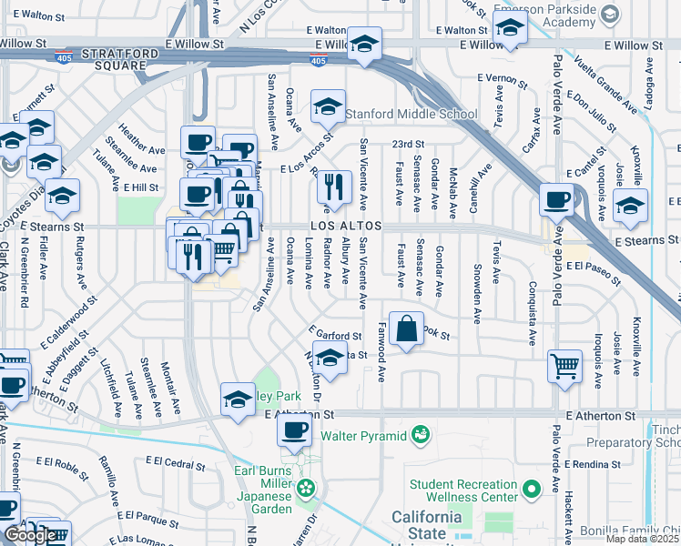 map of restaurants, bars, coffee shops, grocery stores, and more near 2111 Albury Avenue in Long Beach