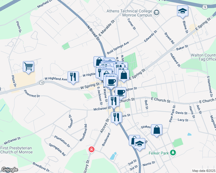 map of restaurants, bars, coffee shops, grocery stores, and more near 116 South Broad Street in Monroe