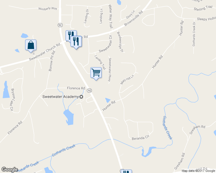 map of restaurants, bars, coffee shops, grocery stores, and more near 256 Sweetwater Parkway in Powder Springs