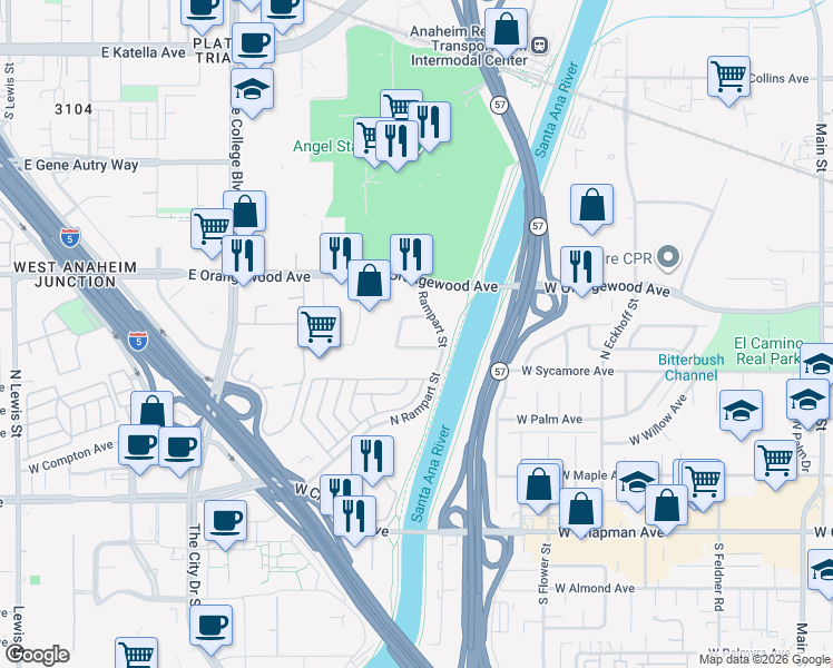 map of restaurants, bars, coffee shops, grocery stores, and more near 2121 South Towne Centre Place in Anaheim
