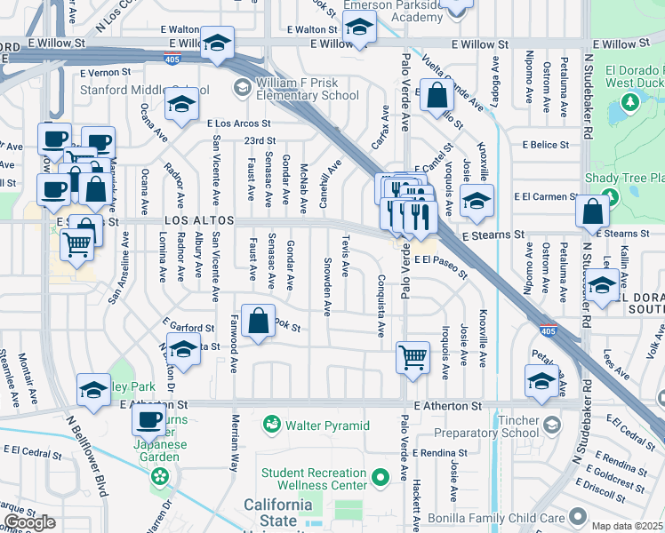 map of restaurants, bars, coffee shops, grocery stores, and more near 2100 Snowden Avenue in Long Beach