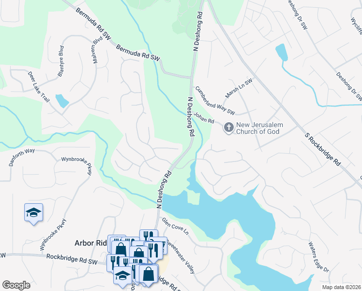 map of restaurants, bars, coffee shops, grocery stores, and more near 7096 Brook Side Landing in Stone Mountain