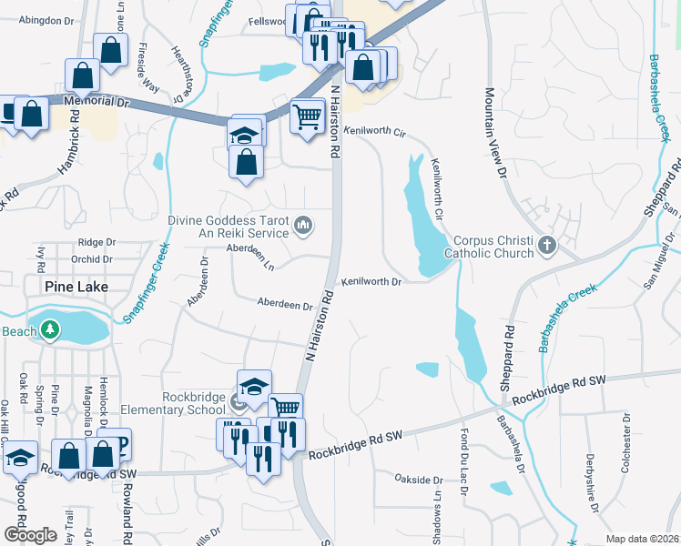 map of restaurants, bars, coffee shops, grocery stores, and more near 611 North Hairston Road in Stone Mountain